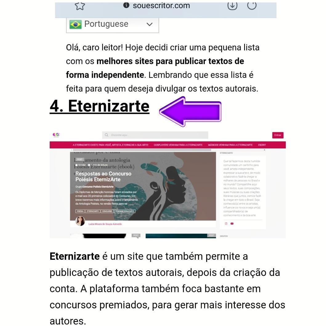 EternizArte foi indicada como um dos melhores sites do Brasil para publicação de textos independentes